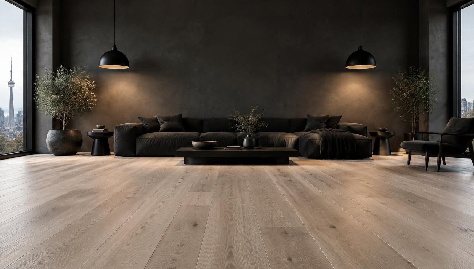 Wide plank oak flooring in a dark, contemporary living room