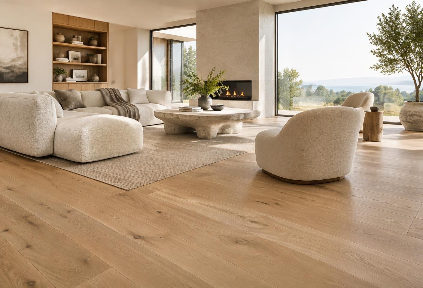 Natural oak flooring in a bright living room